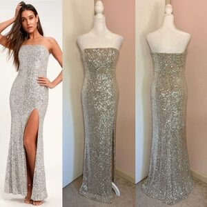 Lavish Lover Silver Strapless Sequin Maxi Dress